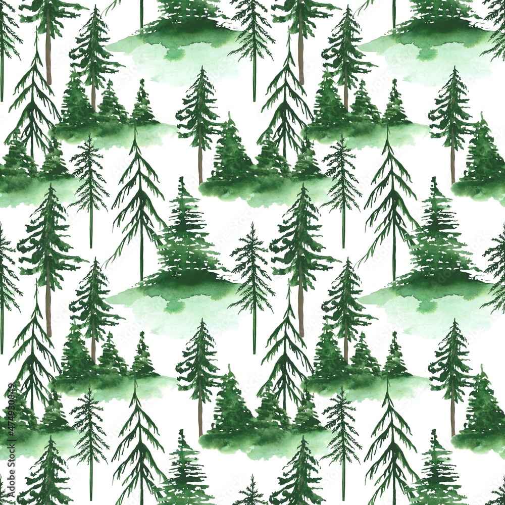 Forest seamless pattern on a white background. Pine trees endless print.  Watercolor landscape wallpaper. Green trees clipart. Nature design for  wrapping paper and more. Stock Illustration | Adobe Stock, image size:1000x1000