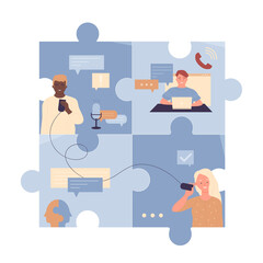 Wall Mural - Online conversation and meeting of people through puzzle windows vector illustration. Cartoon couple talking phone, man using laptop for dialog in chat, abstract balloon communication of community