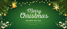 Realistic Christmas And New Year Banner With Branches On Green Background