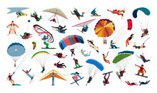 Collection Of Types Of Air Sports. Characters In The Air And On Parachutes.
