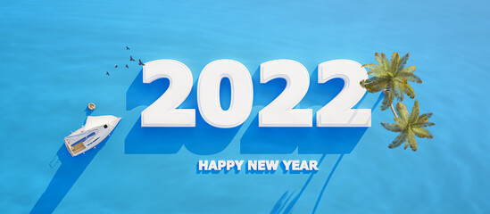 Happy New Year Concept. 2022. New Year Eve. Top view with palms and sailing boat. 3D rendering.