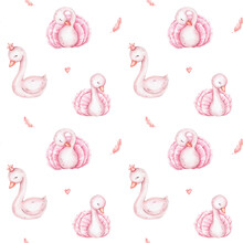 Seamless Pattern With Pink Swan, Crown, Heart And Feather; Watercolor Hand Drawn Illustration; With White Isolated Background