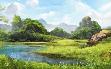 Fototapete - Artwork is a fabulous landscape of mountains, trees, rivers and grass, a fantasy sketch of amazing nature. Artwork sketch of beautiful mystical trees. Illustration
