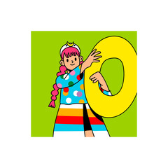 Cute pretty girl holding a number Zero. Happy joyful young woman showing big number. Education, birhtday, celebrating achievements concept. Cartoon comic style. Hand drawn modern Vector illustration