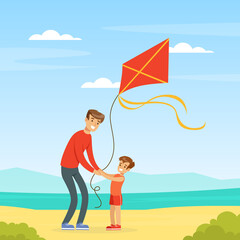 Wall Mural - Father with His Son Flying Kite Playing Outdoor Vector Illustration