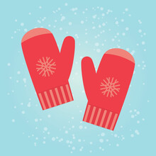 Knitted Red Winter Gloves On Snowy Pattern - Vector Illustration