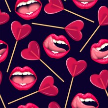Vector Seamless Pattern With Lips And Lollipops