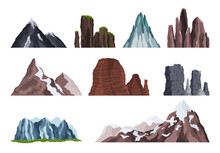 Nature Mountain Landscape Set. Variety Of Rocky Massif Vector Illustrations. Tops Outdoor, Winter Peaks, Hilltop With Trees, Hiking Mountain Valley