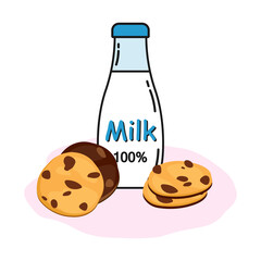 Milk bottle with cookies with chocolate pieces. Breakfast concept in cartoon style. Vector flat illustration design.