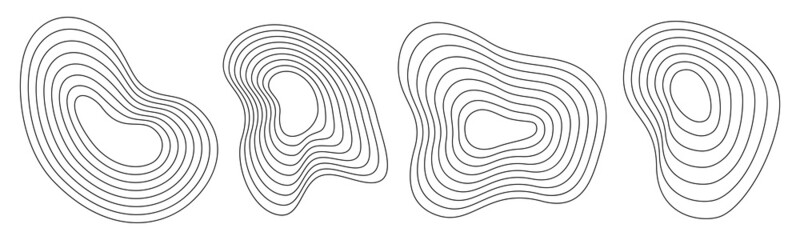 Set of 3 abstract liquid geometric shapes. Dynamical forms with lines, isolated on white background. Graphic elements. Template for poster, logo, cover design. Vector black and white illustration.