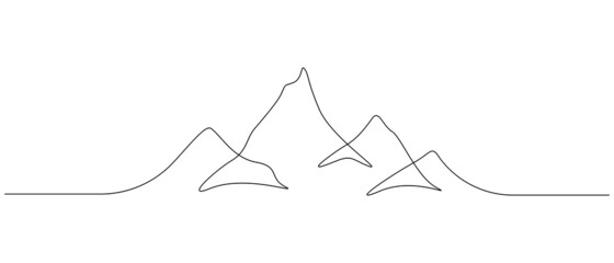 Poster - One continuous line drawing of mountain range landscape silhouette. Minimalistic skyline with mounts ridge in simple linear style. Adventure winter sport concept isolated. Vector illustration