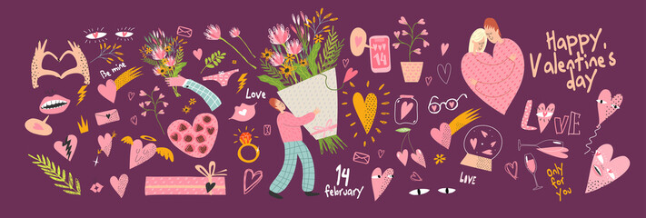 Valentine's Day! February 14. Set of vector illustrations. Simple, minimalistic, holiday cards.