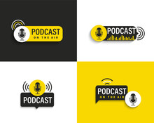 Set Podcast Symbols,icons,logos In Black And Yellow With Studio Microphone. Emblems For Broadcast,news And Radio Streaming.Template For Shows,live Performances.Dj Audio Podcasting.Vector Illustration.