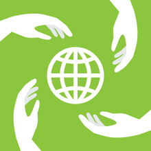 Four Hands And World Globe Icon. Concepts Of Environmental Issues, Global Connections, Protection Or Exploitation Of Planet Earth.