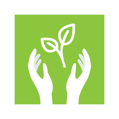 Two hands and sprout symbol. Concepts of environmental conservation, planting trees, growing, ecological issues.