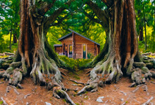 A Wooden Hut Under Large Trees.