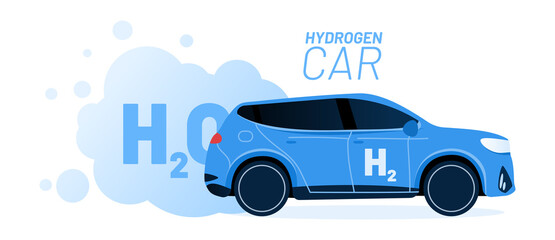 Wall Mural - hydrogen car and energy refill vector illustration concept. big blue car with text h2 on the side wi