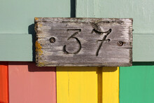 Number 37 Sign In Wooden Hut Brighton, England, Close-up