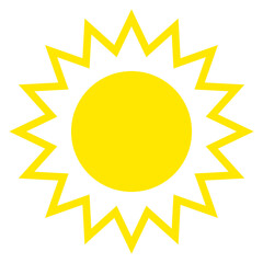 Sun with even rays, flat style. Sunny weather day. Silhouette of yellow bright sun isolated on white background. Vector illustration