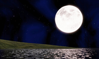 Wall Mural - full moon Reflected on the surface of the sea or ocean. The night of the 15th lunar day or the Mid-Autumn Festival The stars fill the sky. super moon golden yellow beautiful nature. 3D rendering