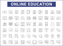 Set Of Online Education And E-learning Line Style. It Contains Such As E-book, Lessons, Webinar, Video, Teaching, Training, Mobile, Tutorial, Computer And Other Elements.