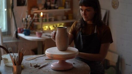 Poster - Creating art for small business. Young woman owner of craft tableware shop making crockery for sale. Enthusiastic female shape jug with raw clay. Entrepreneurship and artistic professional occupation