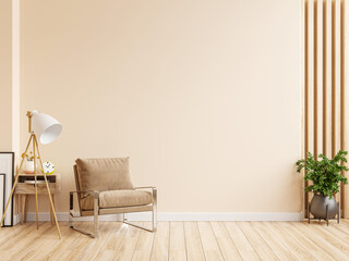 Home interior with armchair and decor in cream color living room.