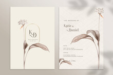 Double Sided Floral Wedding Invitation Template With Brown Flower