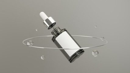 beauty products container, serum dropper bottle on grey background.