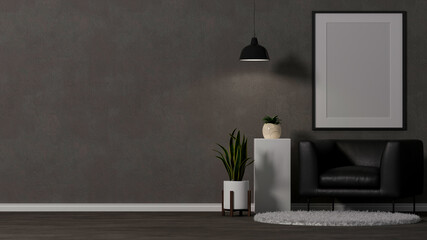 modern dark loft living room interior with blank poster frame mockup on grey wall