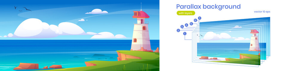 Wall Mural - Lighthouse on rock cliff on sea coast. Vector parallax background for 2d animation with cartoon illustration of summer landscape of ocean shore with beacon, nautical navigation tower
