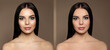 Collage with photos of beautiful young woman before and after using mattifying wipes on brown background. Banner design