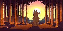 Wolf In Forest, Wild Animal Sitting In Deep Wood With Trees Around And Sun Shining Above Mountain Peaks. Wild Dog With Brown Fur, Lupus In Outdoor Zoo Park, Wildlife, Cartoon Vector Illustration