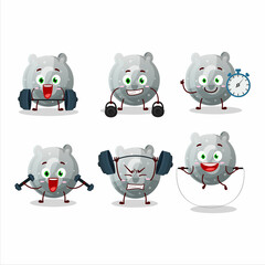 Poster - A healthy gray gummy candy G cartoon style trying some tools on Fitness center