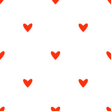 Simple Seamless Pattern With Little Red Hearts On A White Background. Vector Flat Illustration For Wallpaper, Fabric, And Surface Design