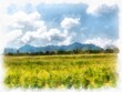 © Kittipong - landscape of meadows, mountains and sky watercolor style illustration impressionist painting.