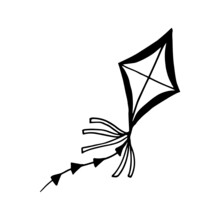 Kite Hand Drawn Doodle. Vector, Minimalism, Scandinavian, Monochrome, Nordic. Toy, Wind, Flying, Ribbon, Tail. Sticker, Icon.