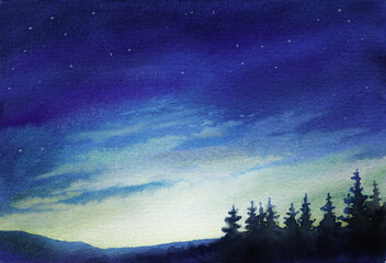 Wall Mural - watercolor illustration of peaceful spruce trees and blue starry sky, background for creative design
