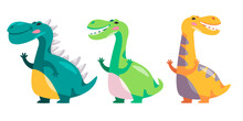 Dino Dinosaurs Cute Character Set Collection Of Colorfull Funny Kids Children Style Illustration In Green Yellow Tyrannosaurus Rex Allosaurus