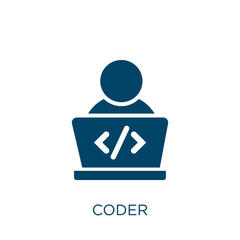 coder vector icon. programmer filled flat symbol for mobile concept and web design. Black computer glyph icon. Isolated sign, logo illustration. Vector graphics.