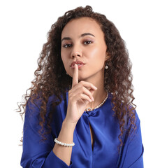 Poster - Fashionable African-American woman showing silence gesture on white background