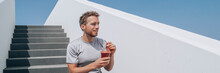 Man Drinking Red Beet Smoothie Detox Juice Healthy Lifestyle Panoramic Banner. Athlete Young Runner At Outdoor Stairs Happy Eating Breakfast.