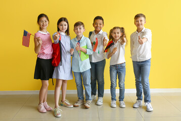 Wall Mural - Pupils of language school with different flags showing thumb-up on color background