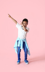 Poster - Dancing African-American boy on color background