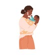 Happy mother with baby in sling. African-American mom and child in hands. Woman hold smiling infant. Mum and little kid in cloth carrier portrait. Flat vector illustration isolated on white background
