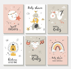 Little lion, moon and star, stork, cute characters set, posters for baby room, greeting cards, kids and baby t-shirts, and wear