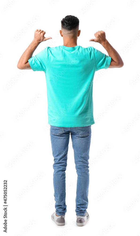 Handsome young man in stylish t-shirt isolated on white, back view
