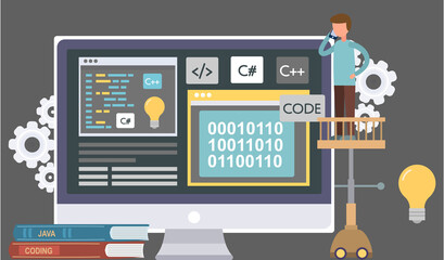 Programmer engineering and coding. Programmer working on code for web app development on computer. Concept of script coding and programming in php, javascript, python languages. Software developers