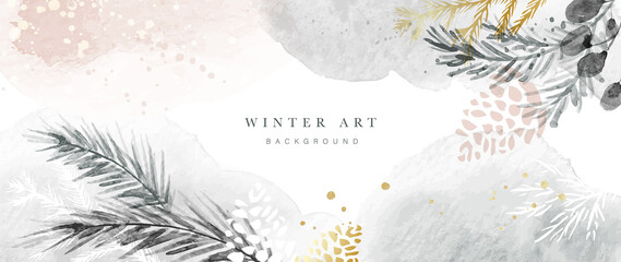 Winter background vector. Hand painted watercolor and gold brush texture, Flower and botanical leaves hand drawing. Abstract art design for wallpaper, wall arts, cover, wedding and invite card.