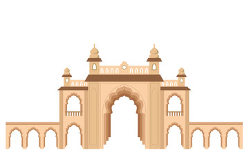 Entrance to the Indian Palace, flat illustration in beige and brown colors, isolated on white background